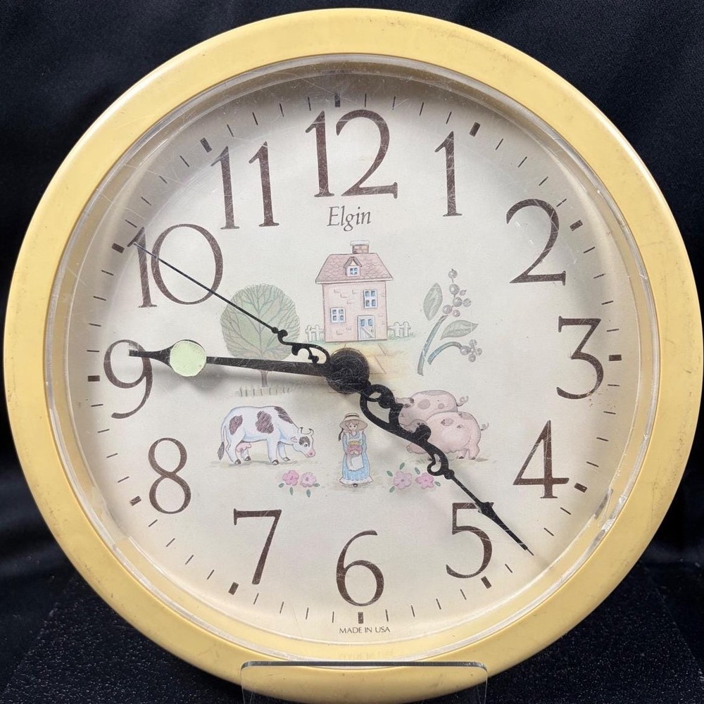 Vintage Elgin Wall Clock Country Farm Scene Cow Pigs Yellow Round Made in USA